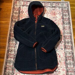 LL Bean Mountain Pile Dark Blue Fleece Jacket with Rust Accents